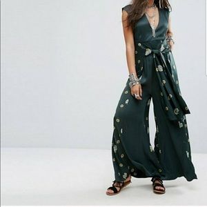 Free People Emerald Silk Tie Jumpsuit